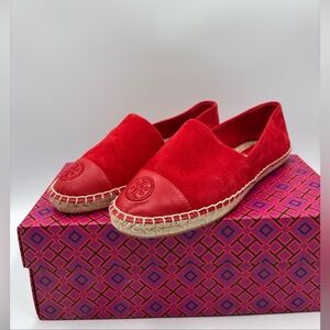 Tory Burch Ruby Red Suede & Leather Espadrille Flats Shoes Women’s Size 7.5